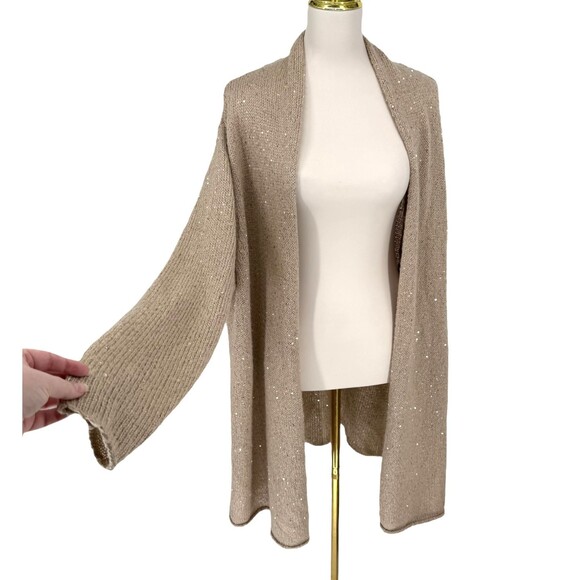 J. Jill Longline Sweater Cardigan 3X Beige Gold Sequins Open Knit Mohair Blend - Picture 7 of 13